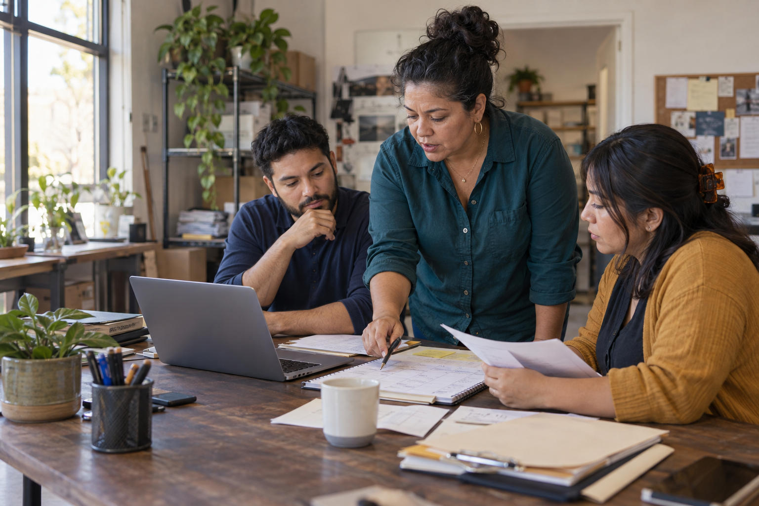 Una dueña de negocio revisa planes de trabajo con dos integrantes de su equipo