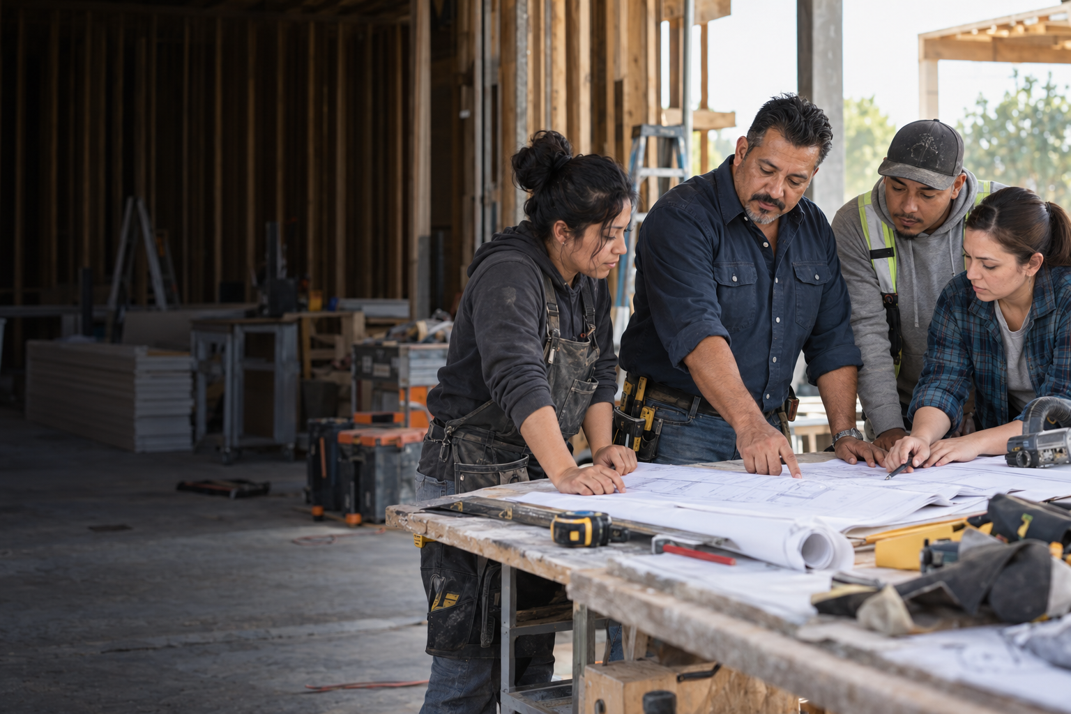 A construction business owner and team reviewing plans together at an active job site